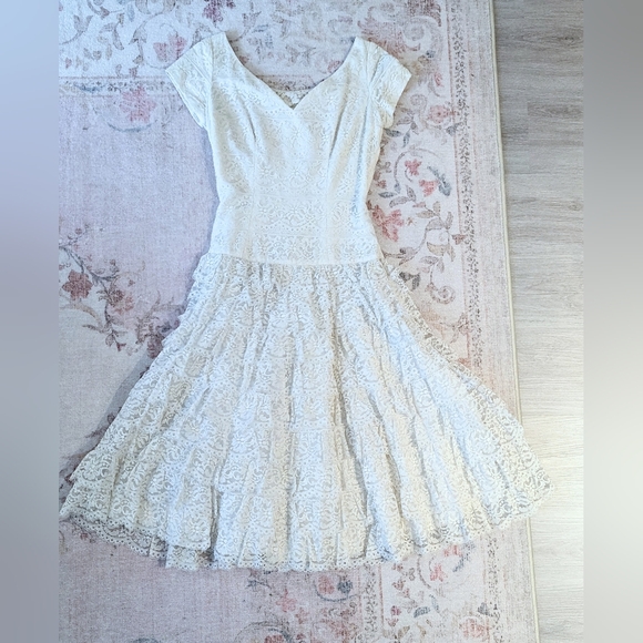Vintage white lace dress 50s 60s ruffled wedding dropwaist - Picture 3 of 10